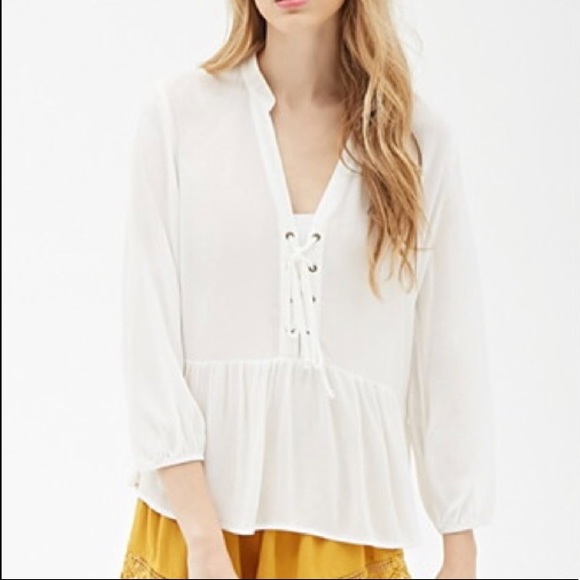 Forever 21 Tops - White Flowy Hi-low Cross Tie Peasant Blouse